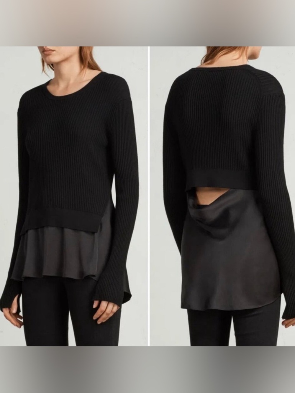 All Saints Taya Black Ribbed Layered-Back Sweater satin trim open back